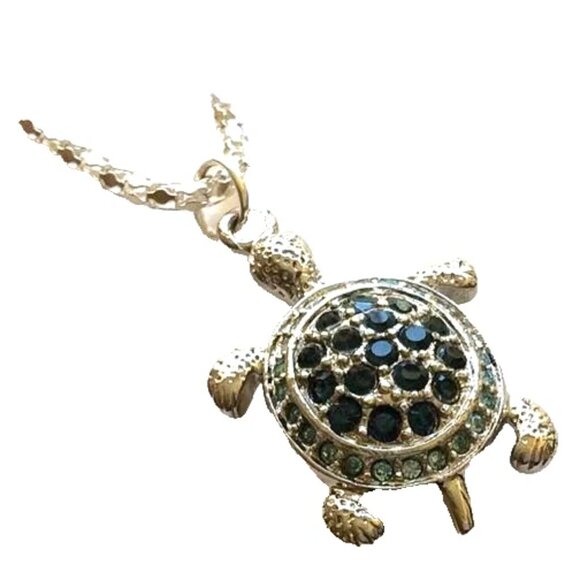 Silver Blue Crystal Sea Turtle Necklace Pendant Island Nautical Plated 17" - Picture 2 of 10